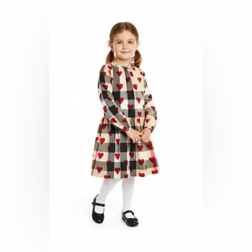 Burberry Girls’ Heart Check Red and Cream Patterned Dress